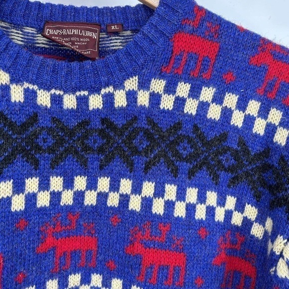 Ralph Lauren Vintage Shetland Wool Moose Christmas Holiday Sweater Mens XL Red - Picture 3 of 4